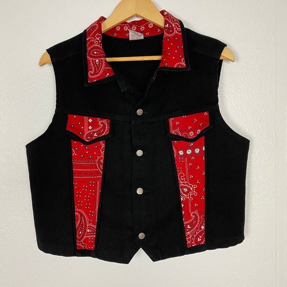 Watch L.A. Jackets & Blazers - Vintage Black Denim Red Bandana Western Vest